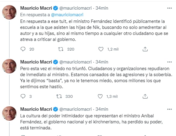 El hilo de tuits que Macri publicó en su cuenta oficial defendiendo al dibujante.