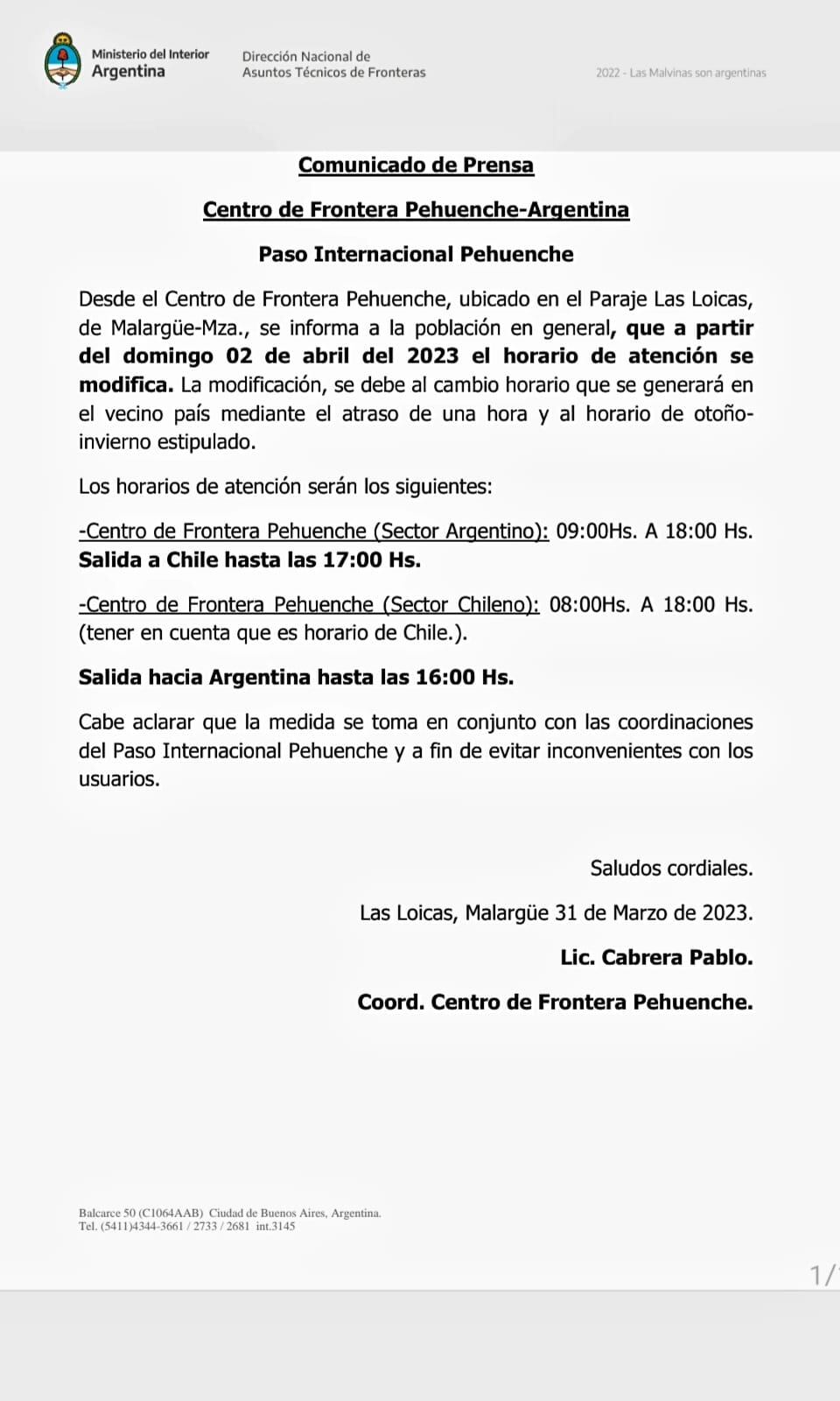 Aviso de nuevo horario en Paso Pehuenche, Malargüe-Chile.