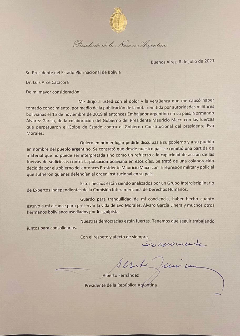 La carta de Alberto Fernández a Luis Arce.