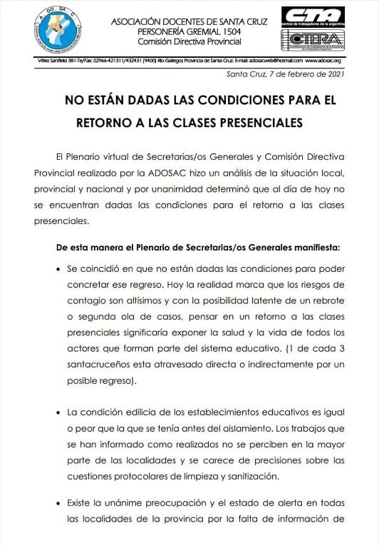 Desde el gremio de los docentes de Santa Cruz expresaron "No están dadas las condiciones para la vuelta de las clases presenciales"