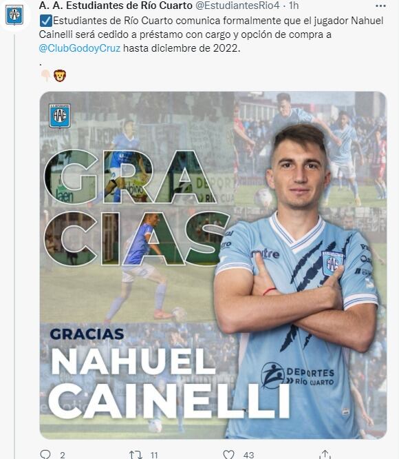 El volante Nahuel Cainelli, otro refuerzo que se va de Córdoba a Godoy Cruz.