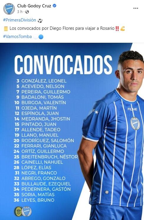 Godoy Cruz, presentó al lista de convocados para viajar a Rosario.