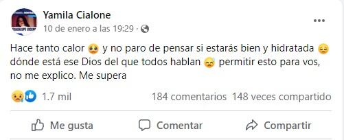 Posteo de Yamila Cialone, mamá de Guadalupe Lucero