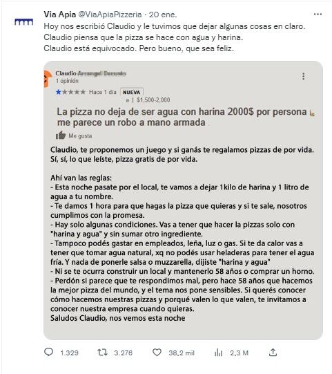 El desafío de una pizzería a un cliente enojado por los precios