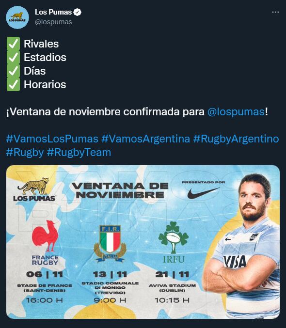 Los Pumas ya tienen rivales y fechas confirmadas para noviembre