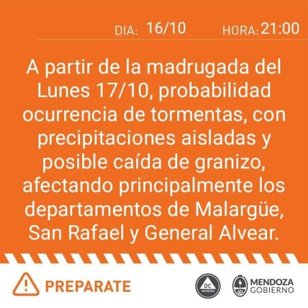 Alerta por tormentas fuertes en el sur mendocino.