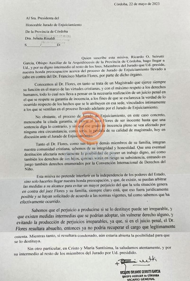 La carta redactada por el obispo auxiliar.