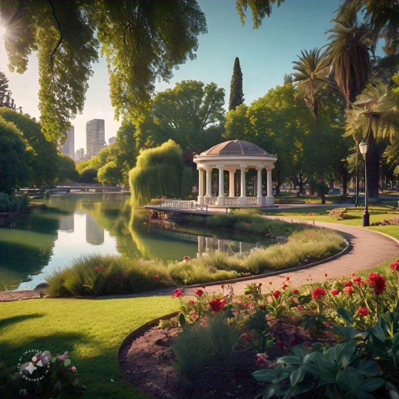 El Parque Sarmiento con vegetación y lago.