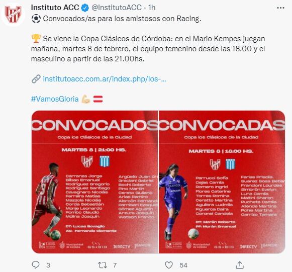 Los planteles de Instituto para el clásico con Racing, con preliminar de fútbol femenino.