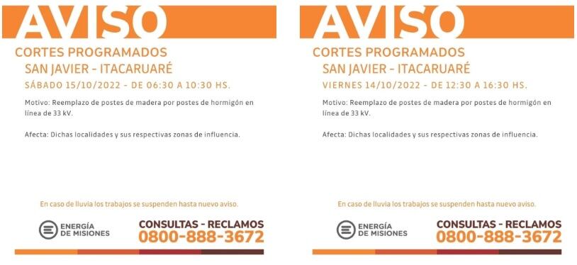 Energía de Misiones anuncia cortes programados para varias localidades de Misiones.