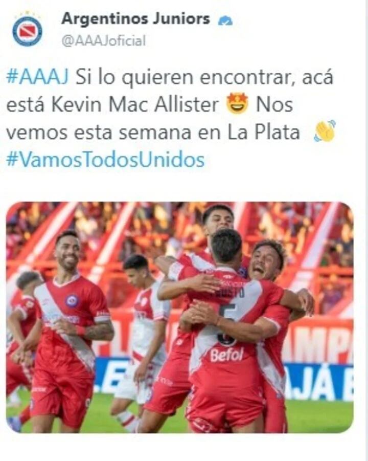 El polémico tuit que subió Argentinos Juniors y luego borró. Kevin Mac Allister habría estado habilitado para el partido.