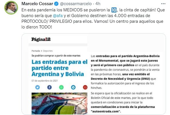 Marcelo Cossar pidió que se entreguen entradas de protocolo a quienes "lo dieron todo" en la pandemia.