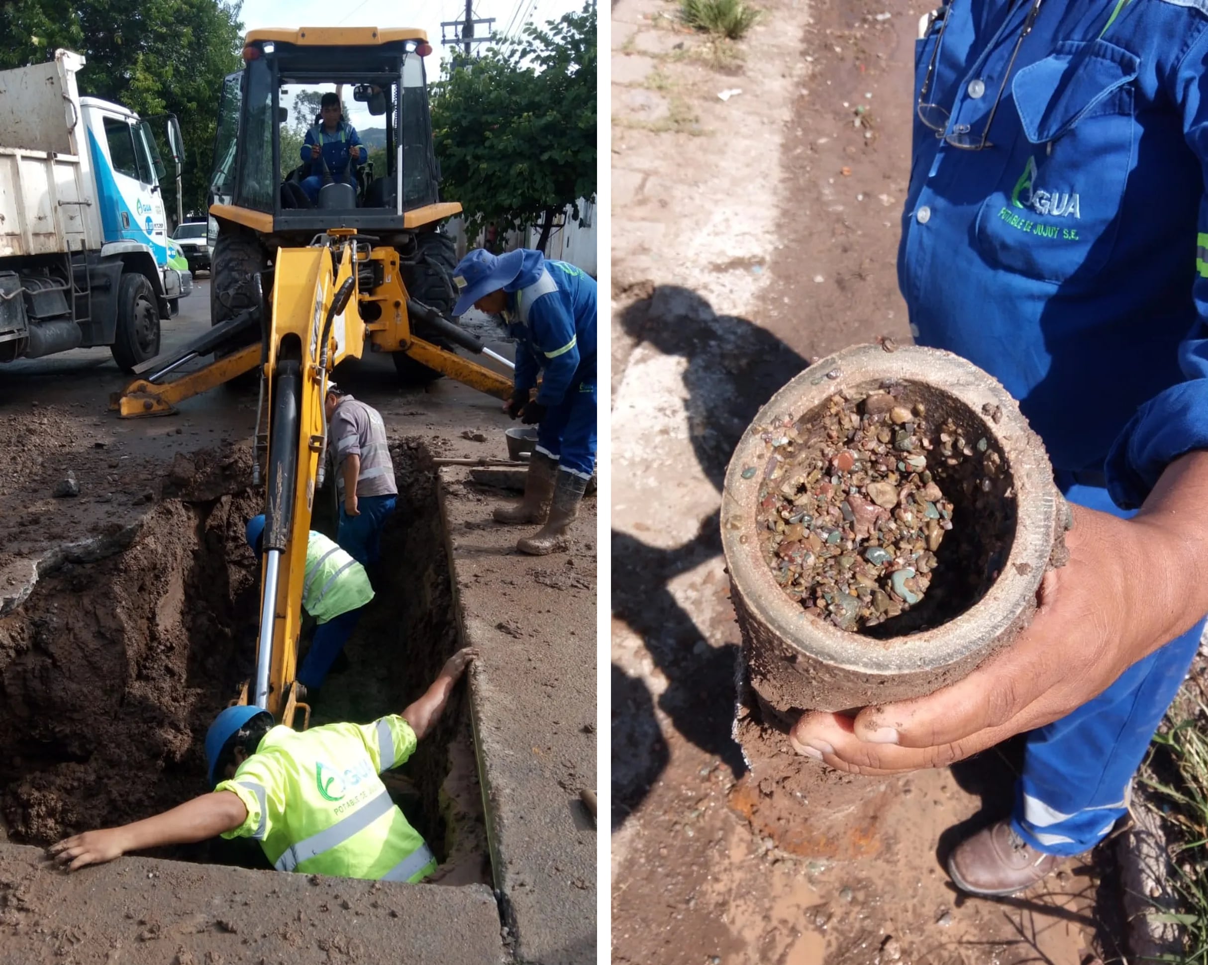 Operarios y técnicos de Agua Potable de Jujuy  (izq.) procedieron al reemplazo de una electrobomba en Los Perales. Hallazgo de una obstrucción de barro y piedras  (der.) en un ducto del sector Mariano Moreno/Cuyaya.