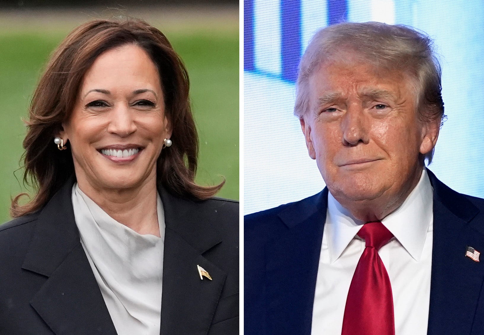 Esta foto combinada muestra a la vicepresidenta Kamala Harris, a la izquierda, en la Casa Blanca en Washington, el 22 de julio de 2024, y al candidato presidencial republicano, el expresidente Donald Trump, en un evento el 26 de julio de 2024, en West Palm Beach, Florida. (AP Foto)