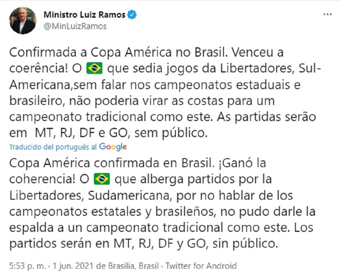 El ministro de la Presidencia de Brasil, Luiz Ramos, confirmó que se hace la Copa América en su país. (@MinLuizRamos)