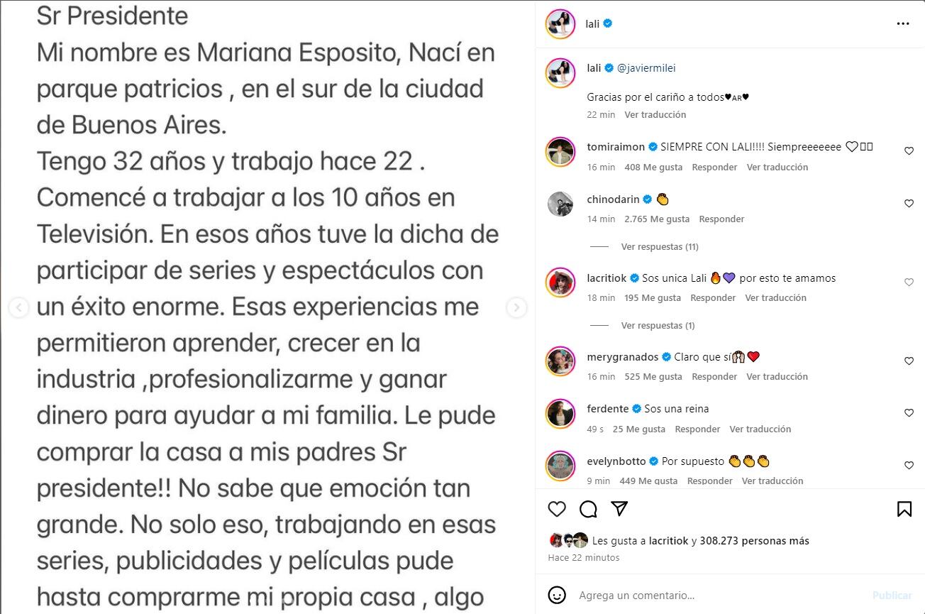 Lali Espósito rompió el silencio con una extensa carta pública dirigida al presidente Javier Milei. Captura de pantalla.