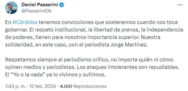 Daniel Passerini y su defensa al periodista cordobés.