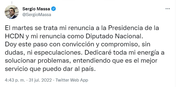 El anuncio de Sergio Massa sobre la sesión de este martes. 