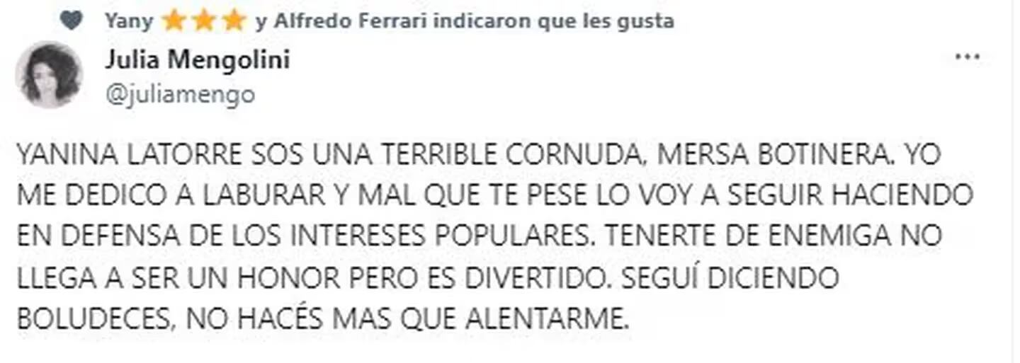 El mensaje de Julia Mengolini a Yanina Latorre