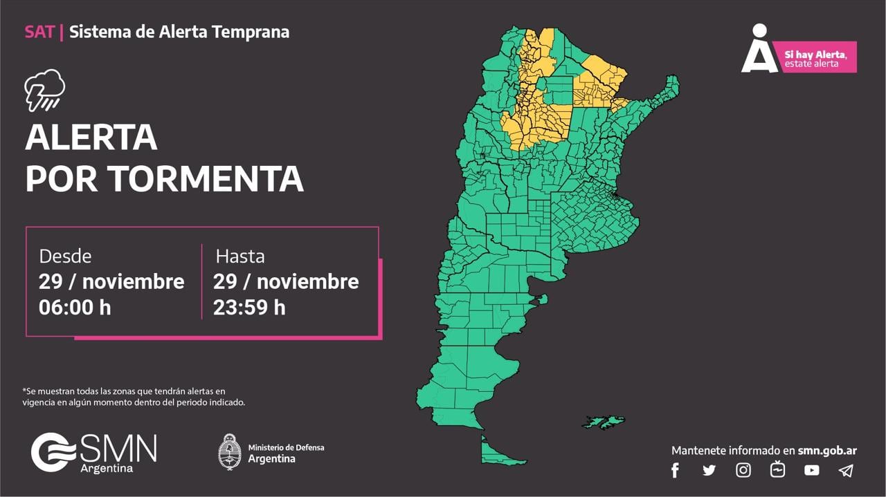 Alerta por tormentas para este viernes 29 de noviembre.