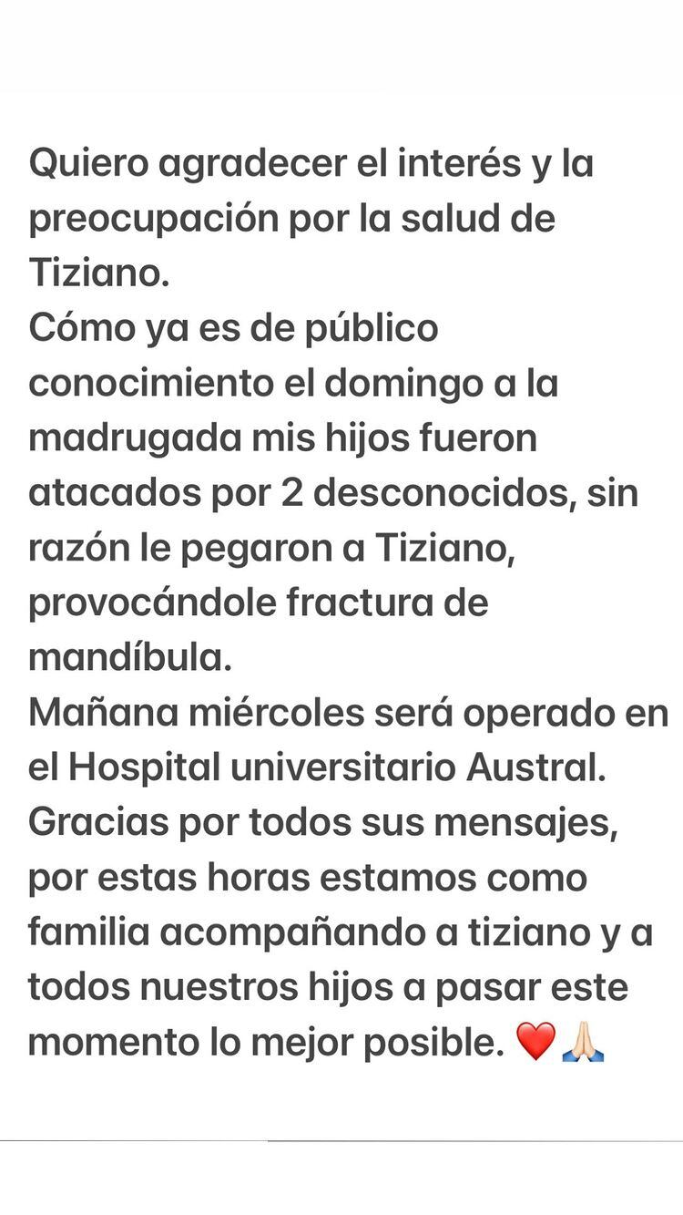 Mazza les envió un mensaje a sus seguidores dos días después de la internación de su segundo hijo.