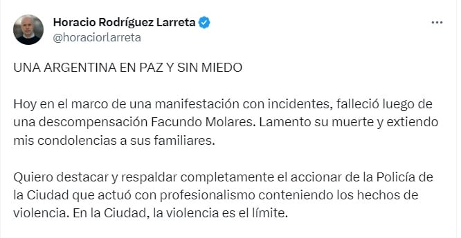 El mensaje de Larreta sobre la muerte de Molares.