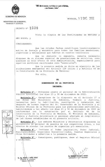 Decreto de Mendoza, asueto para el 23 y 30 de diciembre 2022.