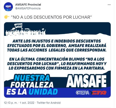 AMSAFE anticipó que realizará "las acciones legales que correspondan" tras los descuentos