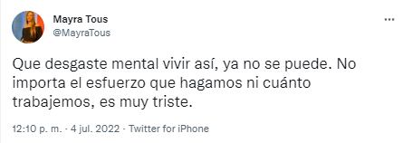 La publicación de Mayra en Twitter.