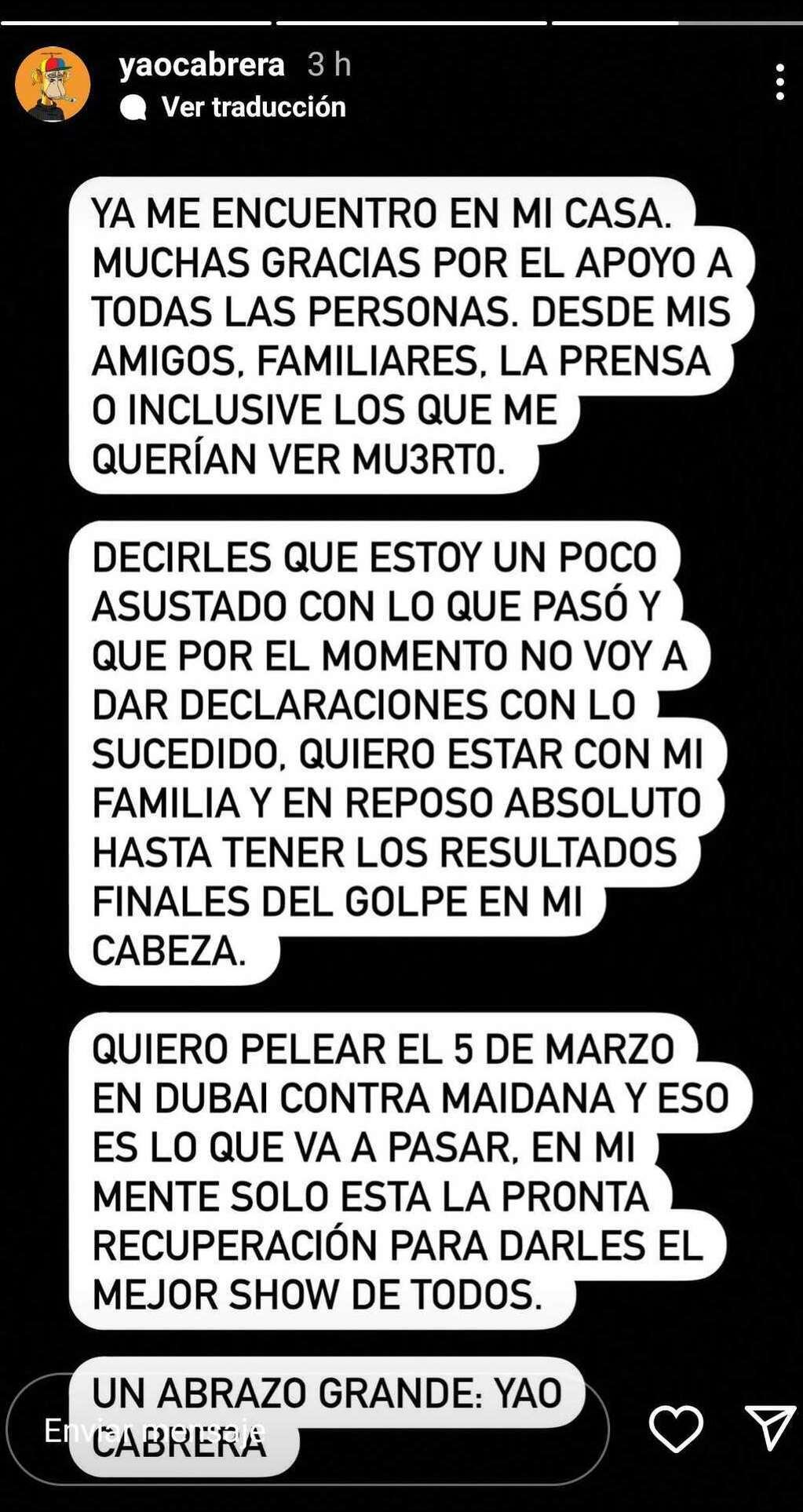 El mensaje de Yao Cabrera para sus seguidores y disparó: "Gracias a los que me querían ver muerto"