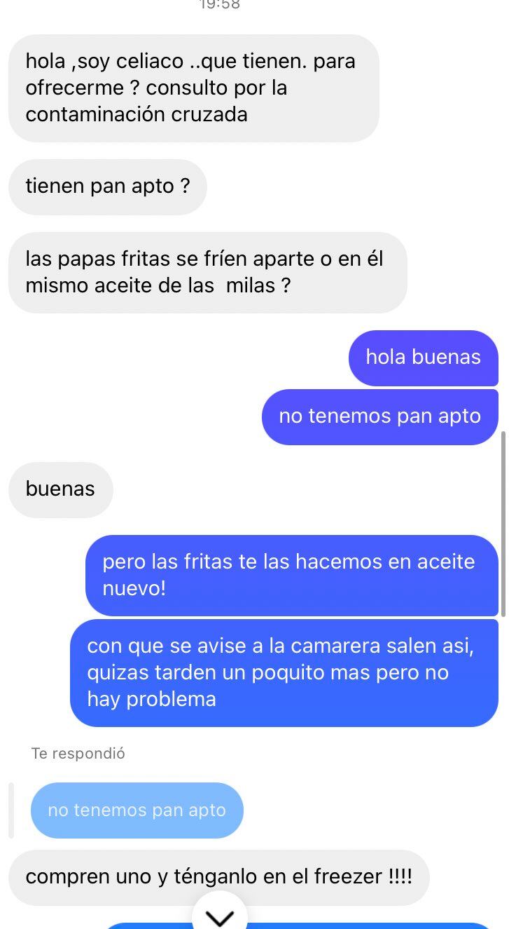 Las duras respuestas de un cliente celíaco a la encargada de una parrilla