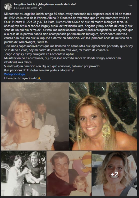 Jorgelina Jurich realizó una publicación en Facebook con el objetivo de conocer su verdadera identidad.