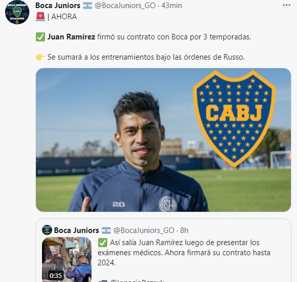 El volante Juan Ramírez comienza a entrenar con el plantel de Boca este viernes.