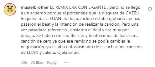 Maxi El Brother, el manager de L-Gante, le respondió a Cazzu por el remix de "Turra".