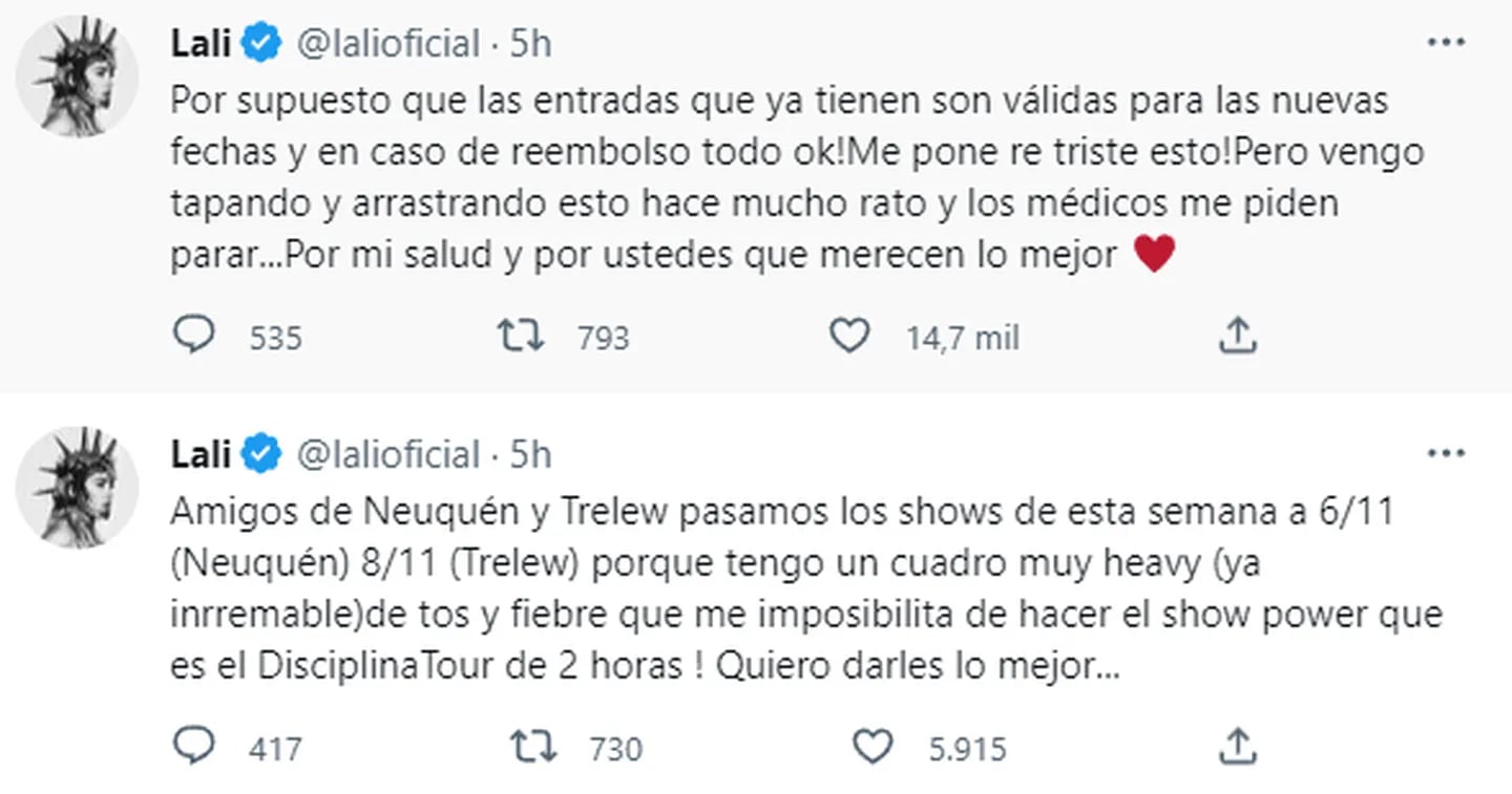 Lali explica la reprogramación de sus shows a través de Twitter.