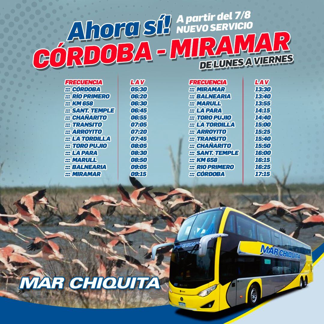 Horarios Córdoba Miramar por La Tordilla en Mar Chiquita