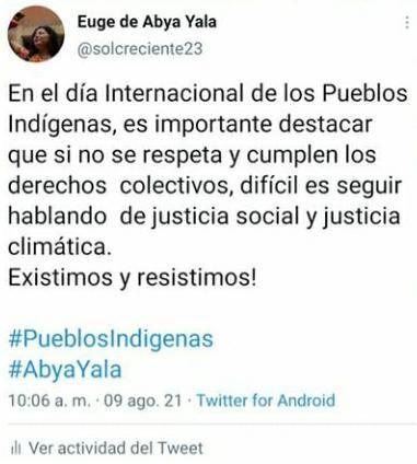 Publicación de Eugenia sobre el día Internacional de los pueblos Originarios en sus redes sociales.