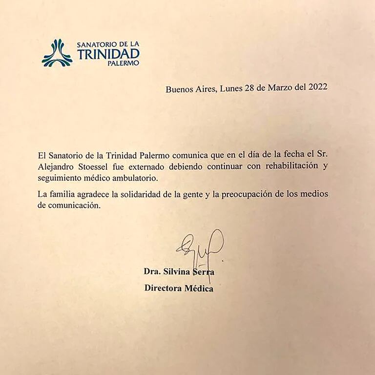 El alta de Alejandro Stoessel firmado por la directora del Sanatorio de la Trinidad.