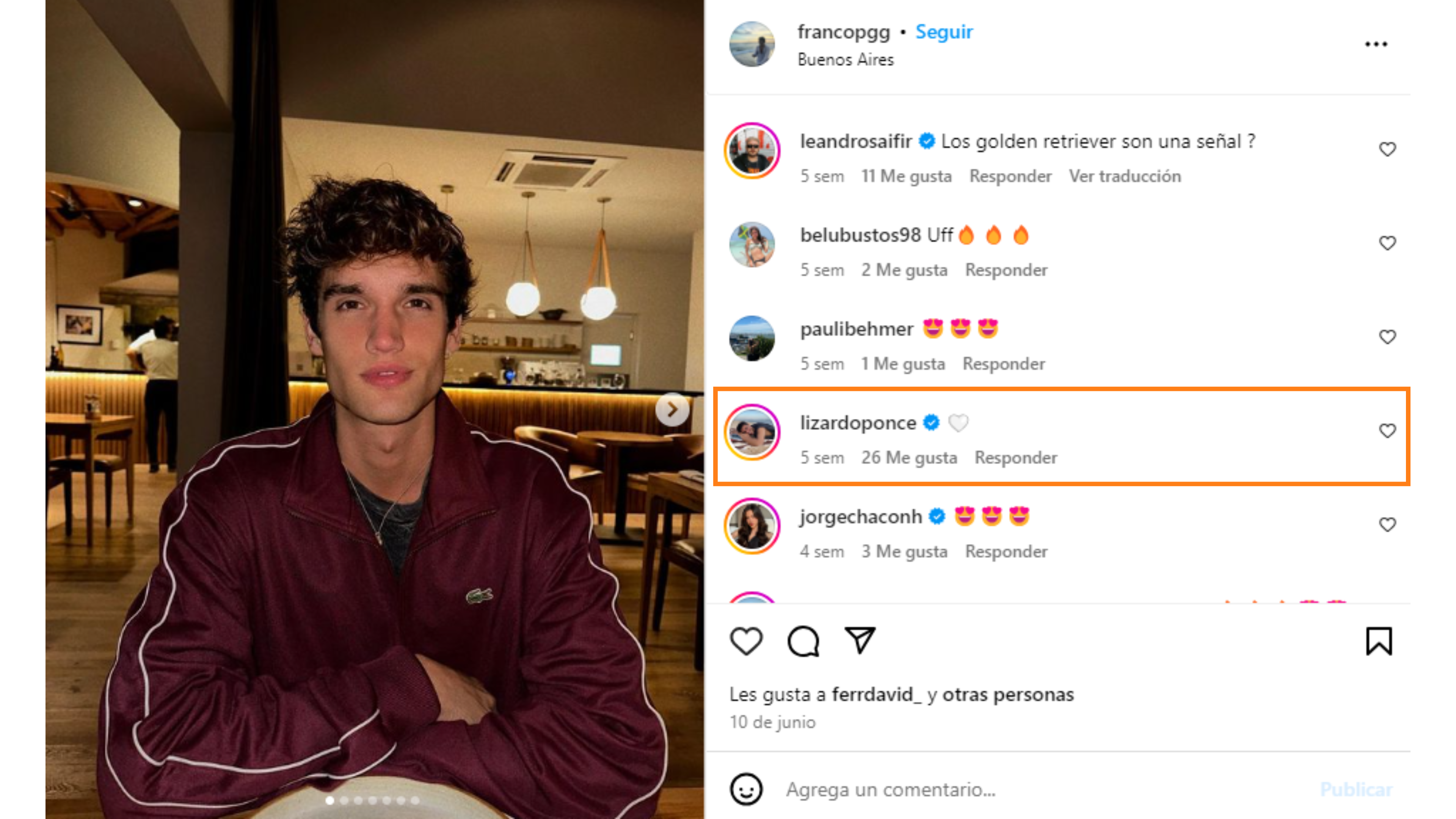 La interacción del influencer en el perfil de su novio.