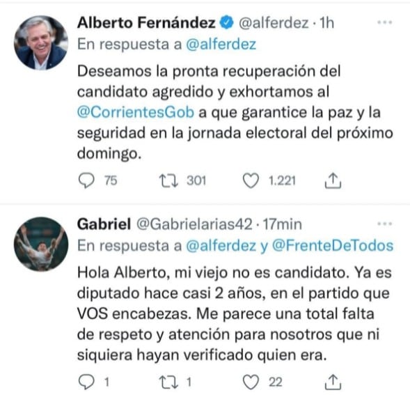 El tuit borrado de Alberto y la respuesta del hijo de Miguel Arias.