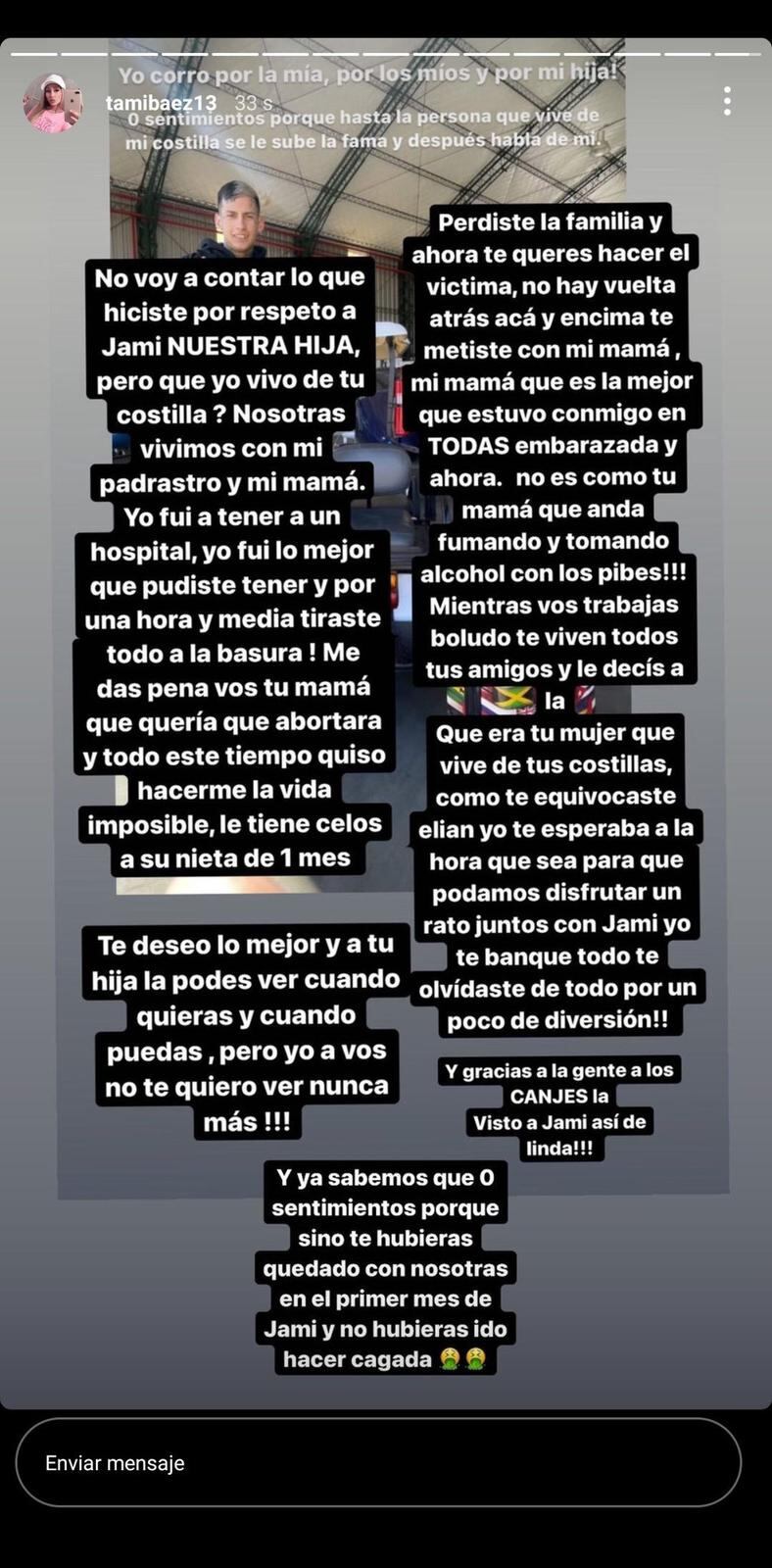 El descargo de Tamara Báez en Instagram