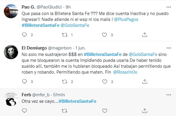 Quejas de usuarios de Billetera Santa Fe