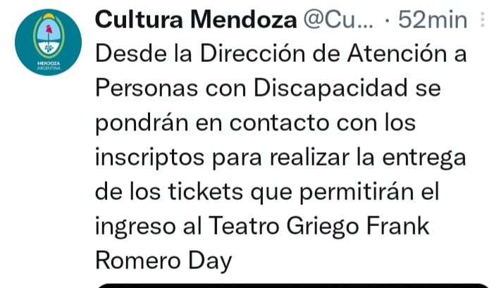 Posteo de Cultura sobre la entrega de tickets para personas con discapacidad.