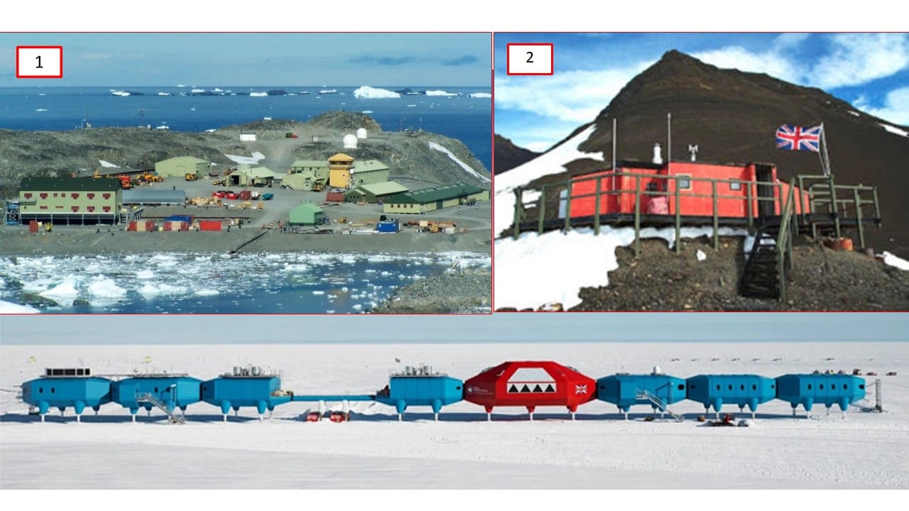 1 - Base Rothera; 2 - Base Fossil Bluff; 3 -Base Halley VI