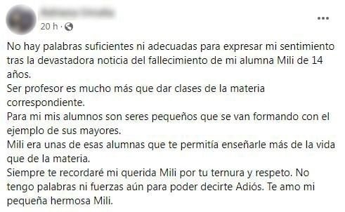 El dolor de una docente tras la muerte de su alumna.