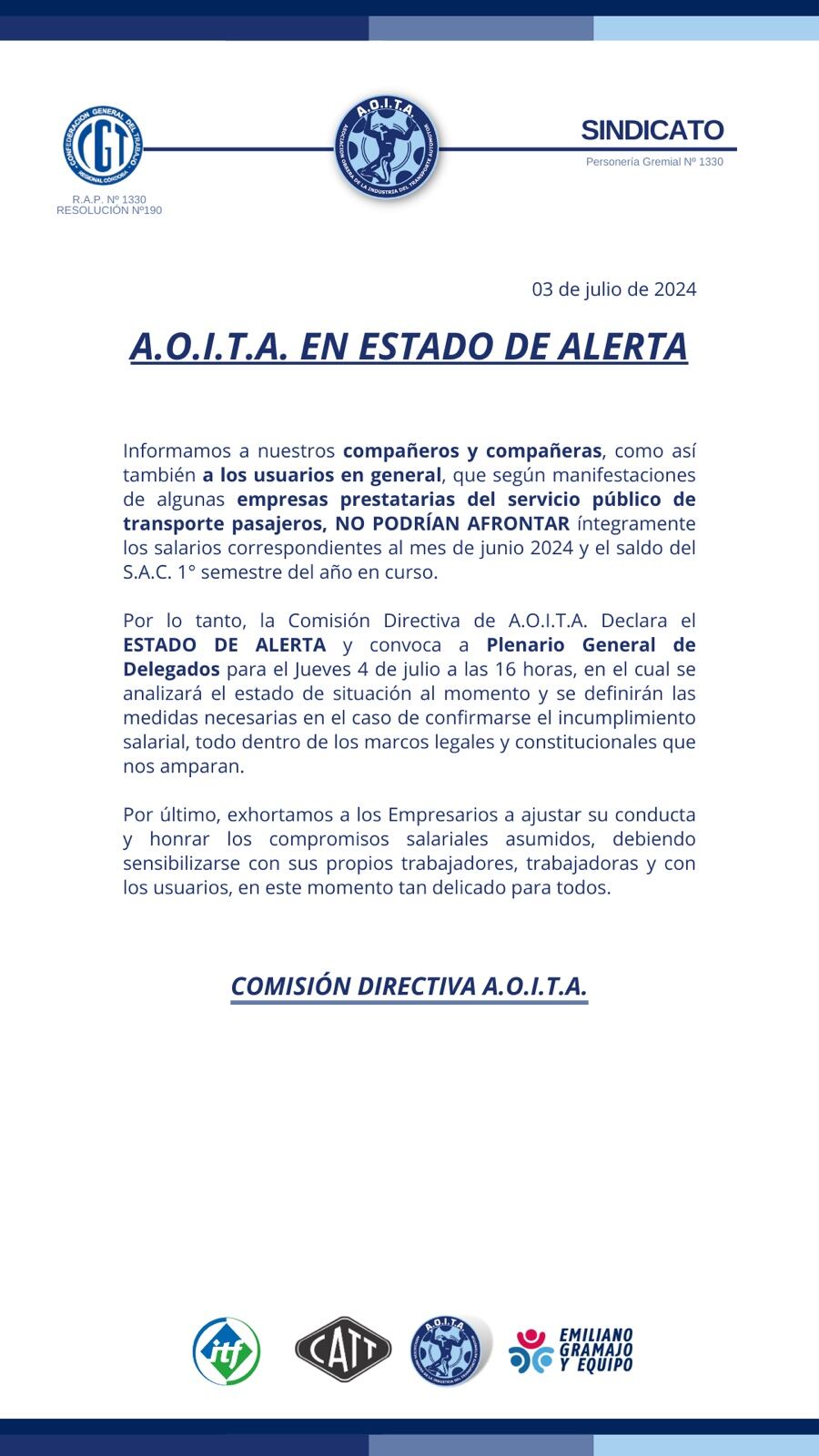 El comunicado de Aoita declarando el estado de alerta.