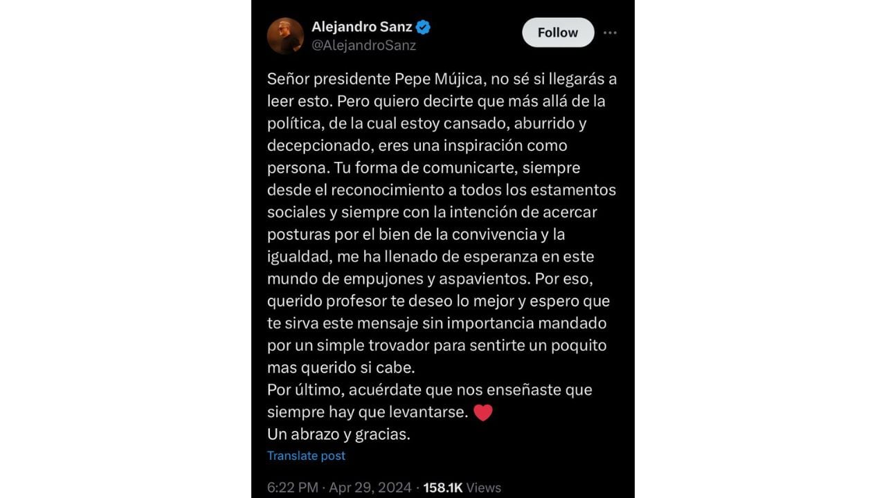 Dedicatoria de Alejandro Sanz a Pepe Mujica.