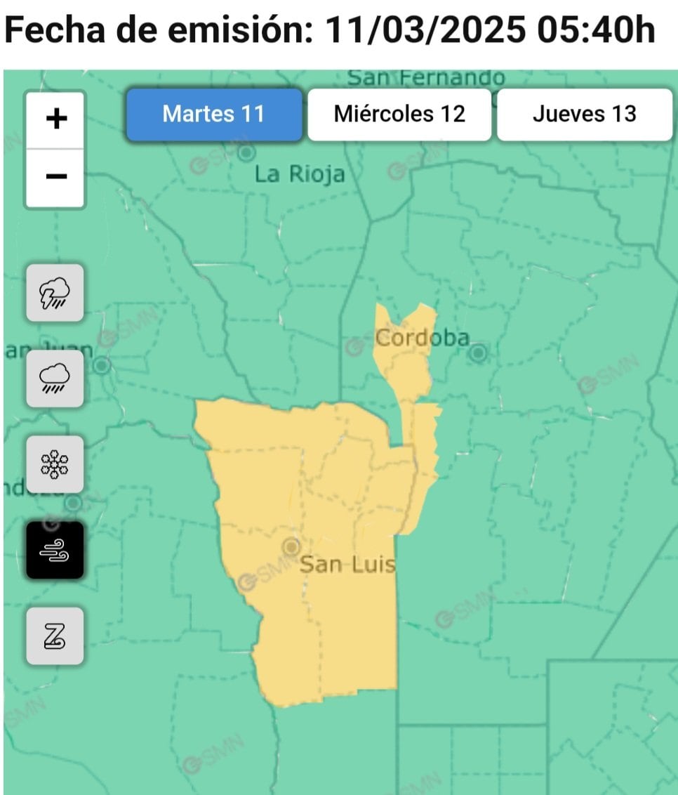 Alerta amarilla por ráfagas de viento en Córdoba.