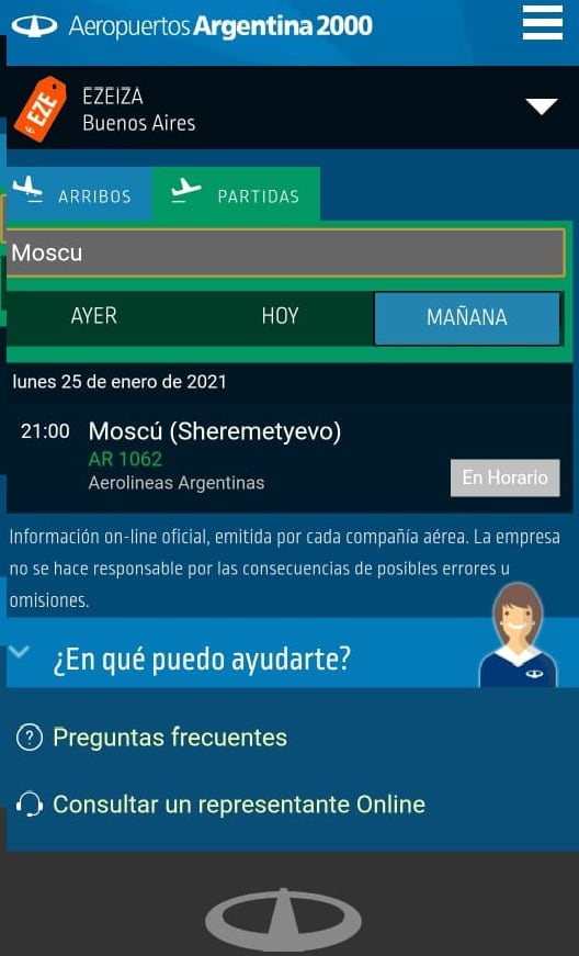 La información sobre el tercer vuelo de Aerolíneas Argentinas rumbo a Rusia.