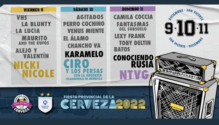 La grilla de artistas para la Fiesta de la cerveza en Godoy Cruz.